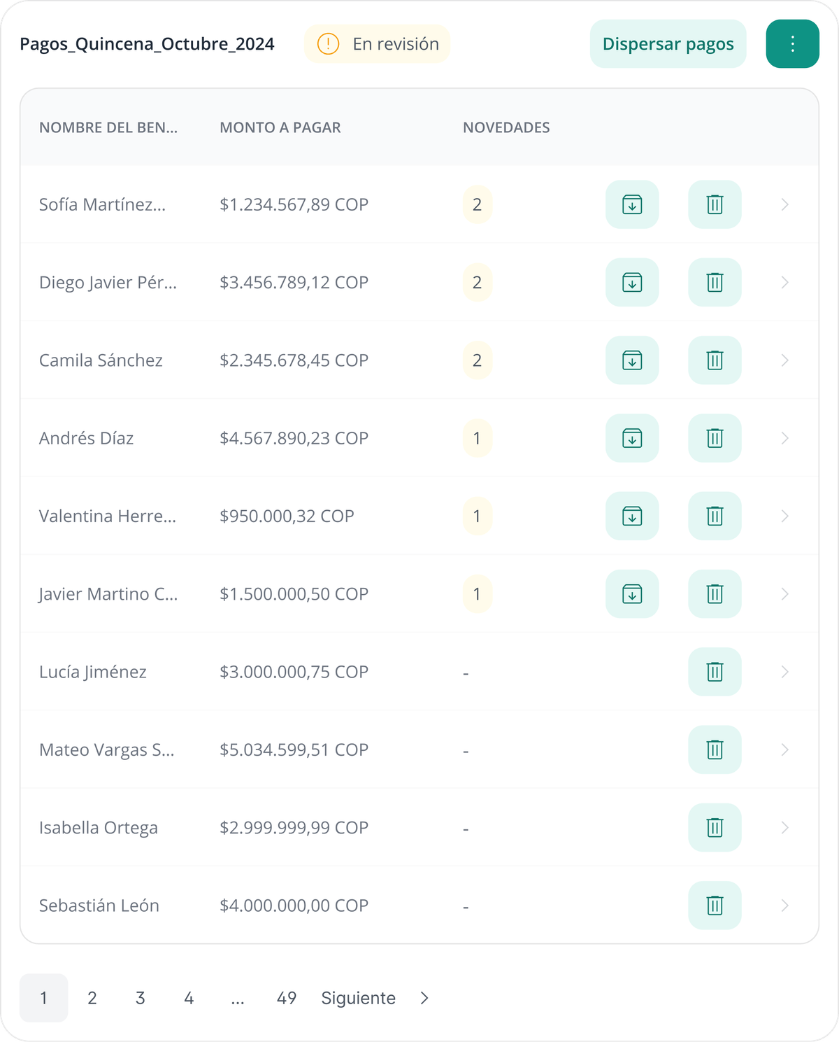 Payment list interface on desktop